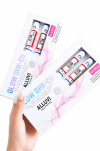 ALLUVI Glow GHK-CU 10mg/50mg Injectable Pen Kit with dual pre-filled pens for skin and hair wellness displayed in original manufacturer packaging.