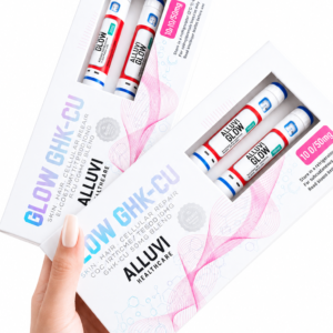 ALLUVI Glow GHK-CU 10mg/50mg Injectable Pen Kit with dual pre-filled pens for skin and hair wellness displayed in original manufacturer packaging.