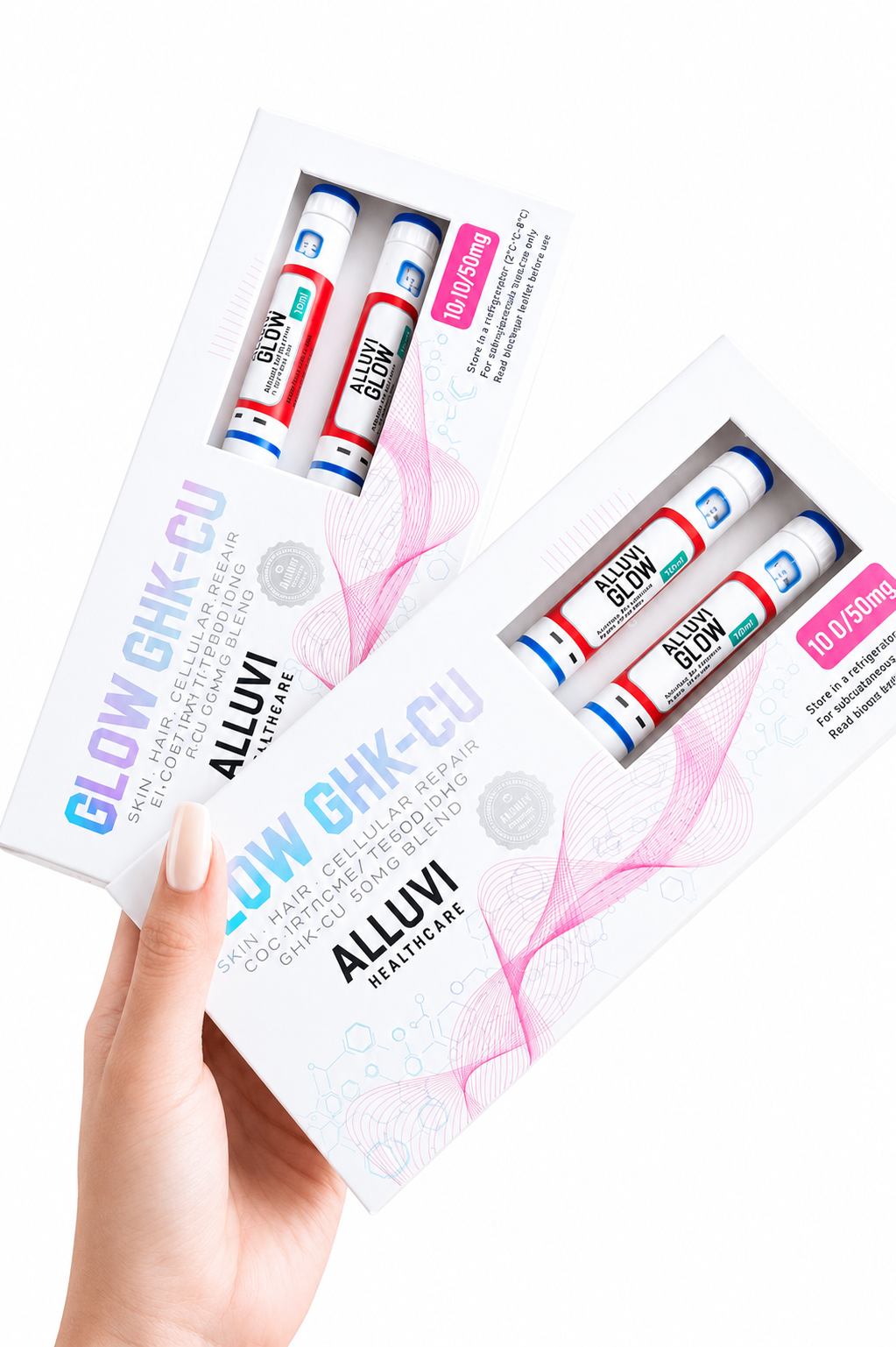 ALLUVI Glow GHK-CU 10mg/50mg Injectable Pen Kit for Skin Care ALLUVI Glow GHK-CU 10mg/50mg Injectable Pen Kit with dual pre-filled pens for skin and hair wellness displayed in original manufacturer packaging.