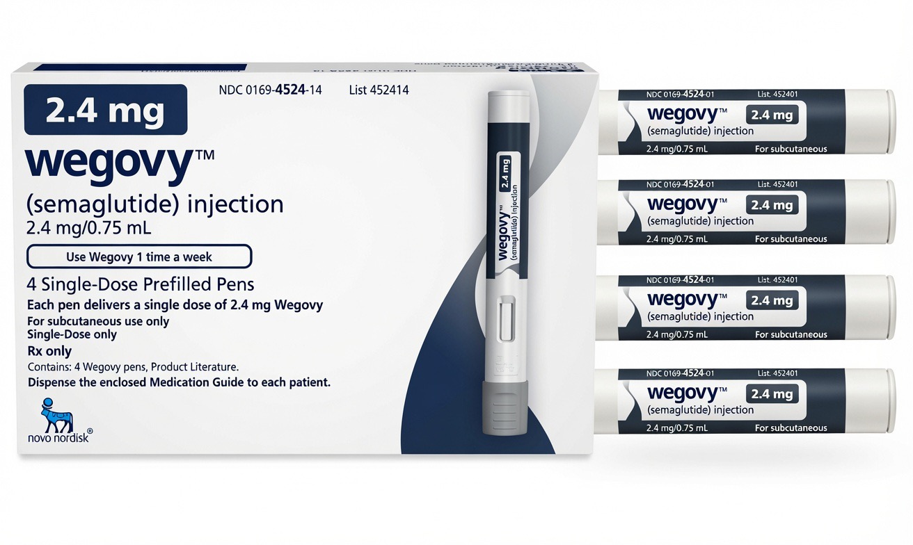 Wegovy 2.4 mg Semaglutide Injection | 4 Prefilled Pens | Weekly GLP-1 Weight Management Wegovy Semaglutide 2.4 mg 0.75 mL injection with four single-dose prefilled pens by Novo Nordisk for chronic weight management
